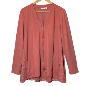 LOGO by Lori Goldstein Cardigan Women Med Pink Lace Back Full Zip Lounge Sweater